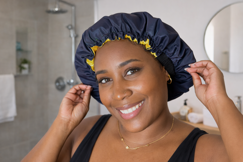 Femme portant un bonnet de douche pour protéger ses Locks
