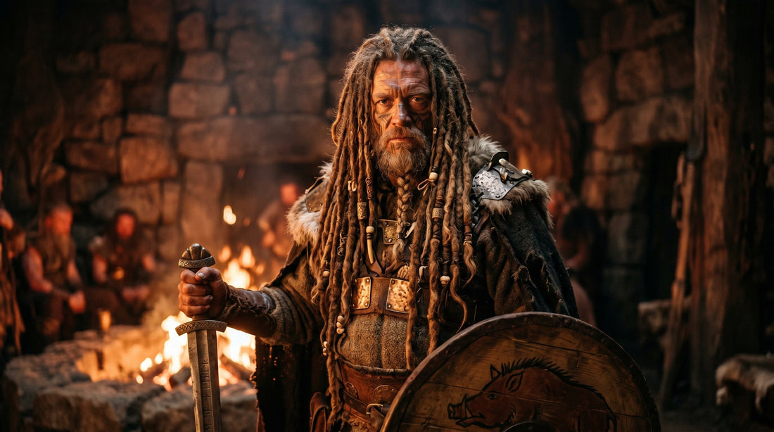 Guerrier viking aux tresses devant un feu, histoire des dreadlocks