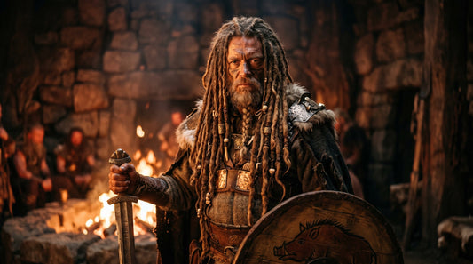 Guerrier viking aux tresses devant un feu, histoire des dreadlocks