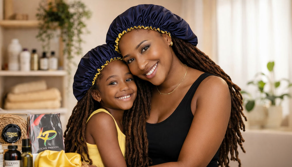 duo mere fille protegeant leur locks avec le bonnet de douche