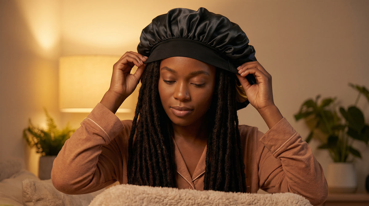 Femme ajustant un bonnet satiné sur ses longues Locks pour protéger sa coiffure