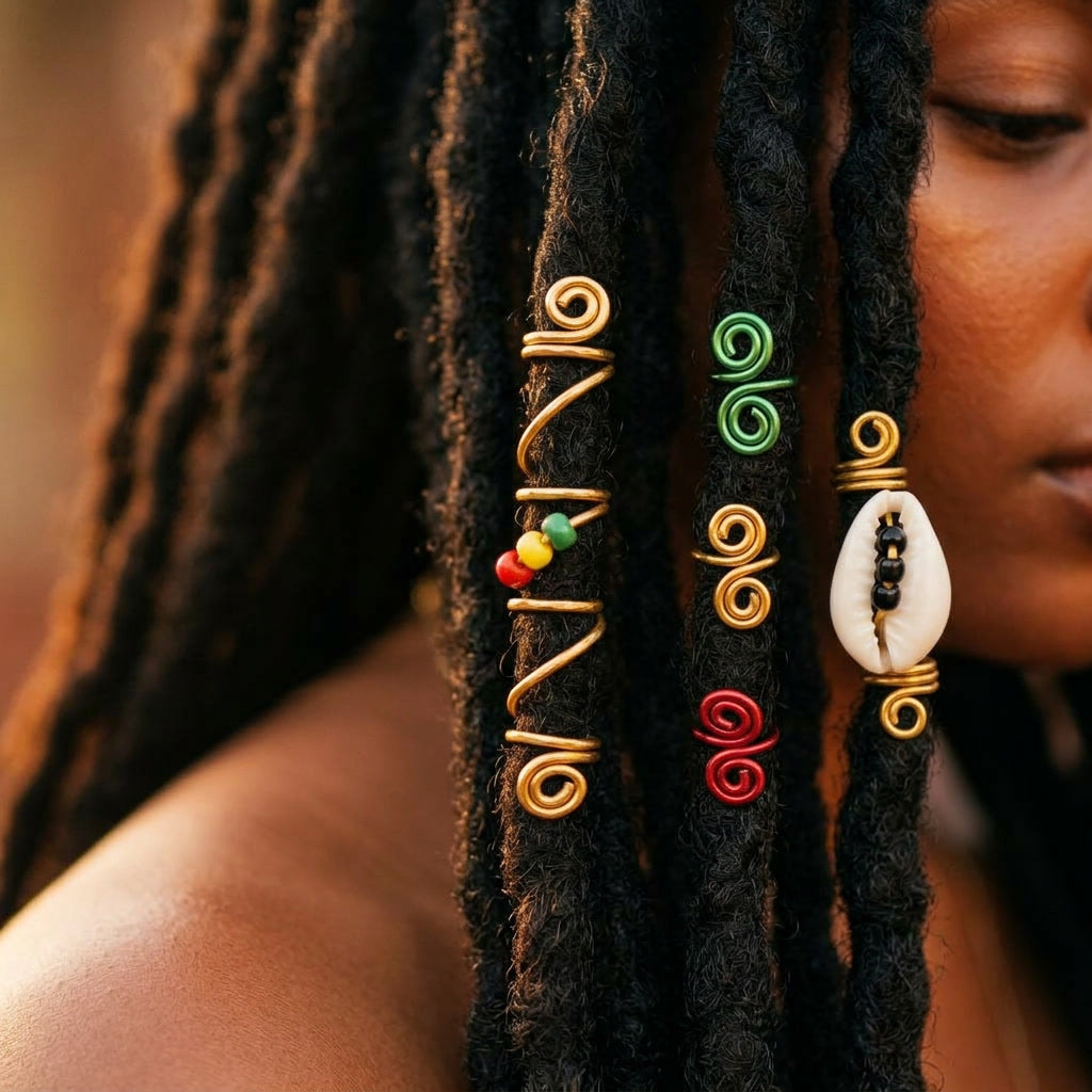 Gros plan sur des Locks ornées de bijoux en fil doré, cauris et perles, portés par une femme