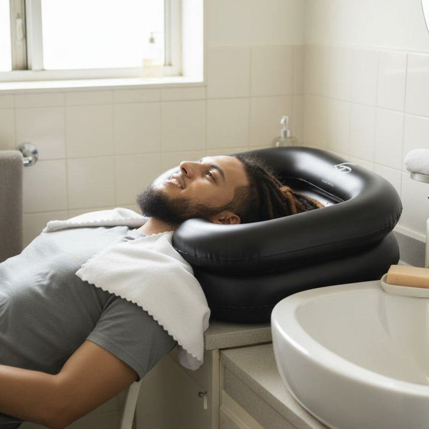 Homme lavant ses Locks avec le bassin gonflable Locks Passion