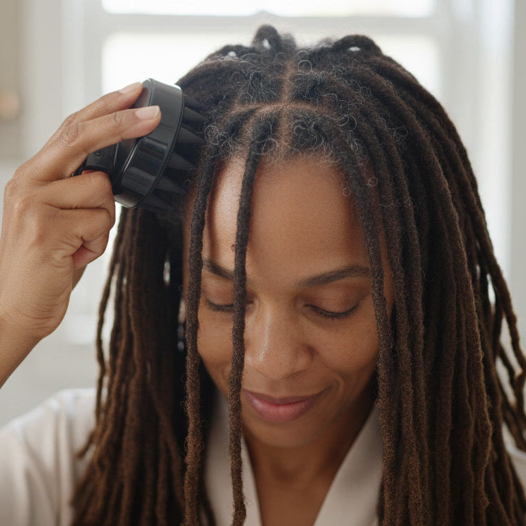 Femme utilisant le masseur du Kit Routine Locks Passion sur ses Locks