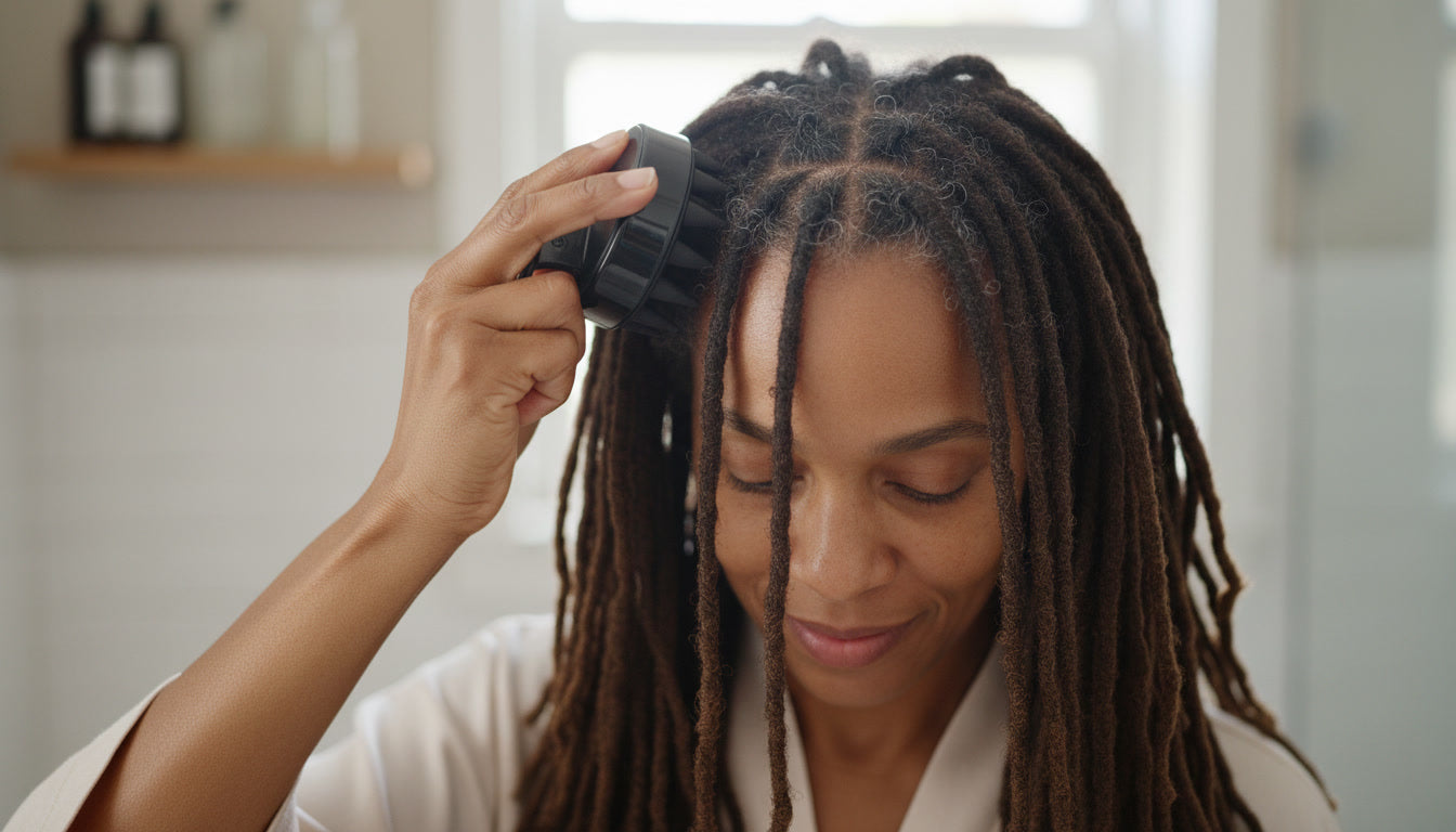 Femme utilisant le masseur du Kit Routine Locks Passion sur ses Locks