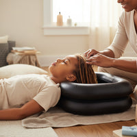 Maman lavant les Locks de son enfant dans un bassin gonflable Locks Passion